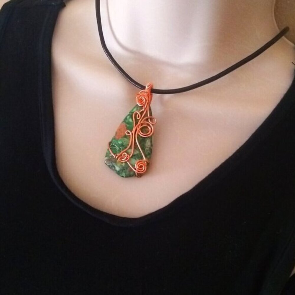 Chunky! Green Sea Sediment Jasper Pendant w. Leather Cord 20"! New Fall Jewelry!